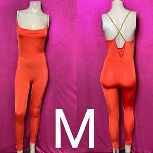 🆕Bright Orange & Gold Chain Straps Stretchy Bodycon Jumpsuit~Size M